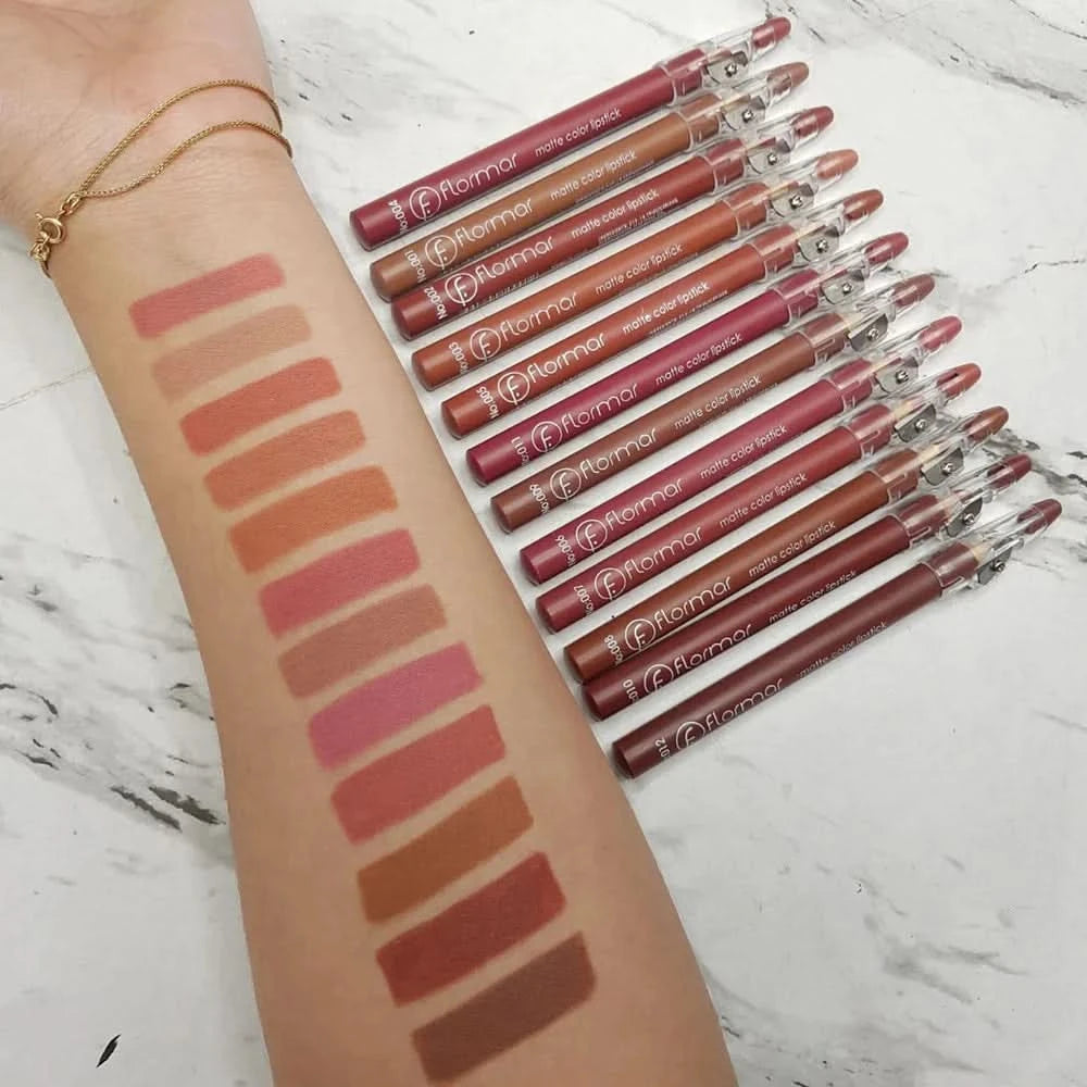 FLORMAR MATTE LIPSTICK PENCIL RECOMMENDED BY TOP BEAUTY INFLUENCERS (Pack of 12Pcs)