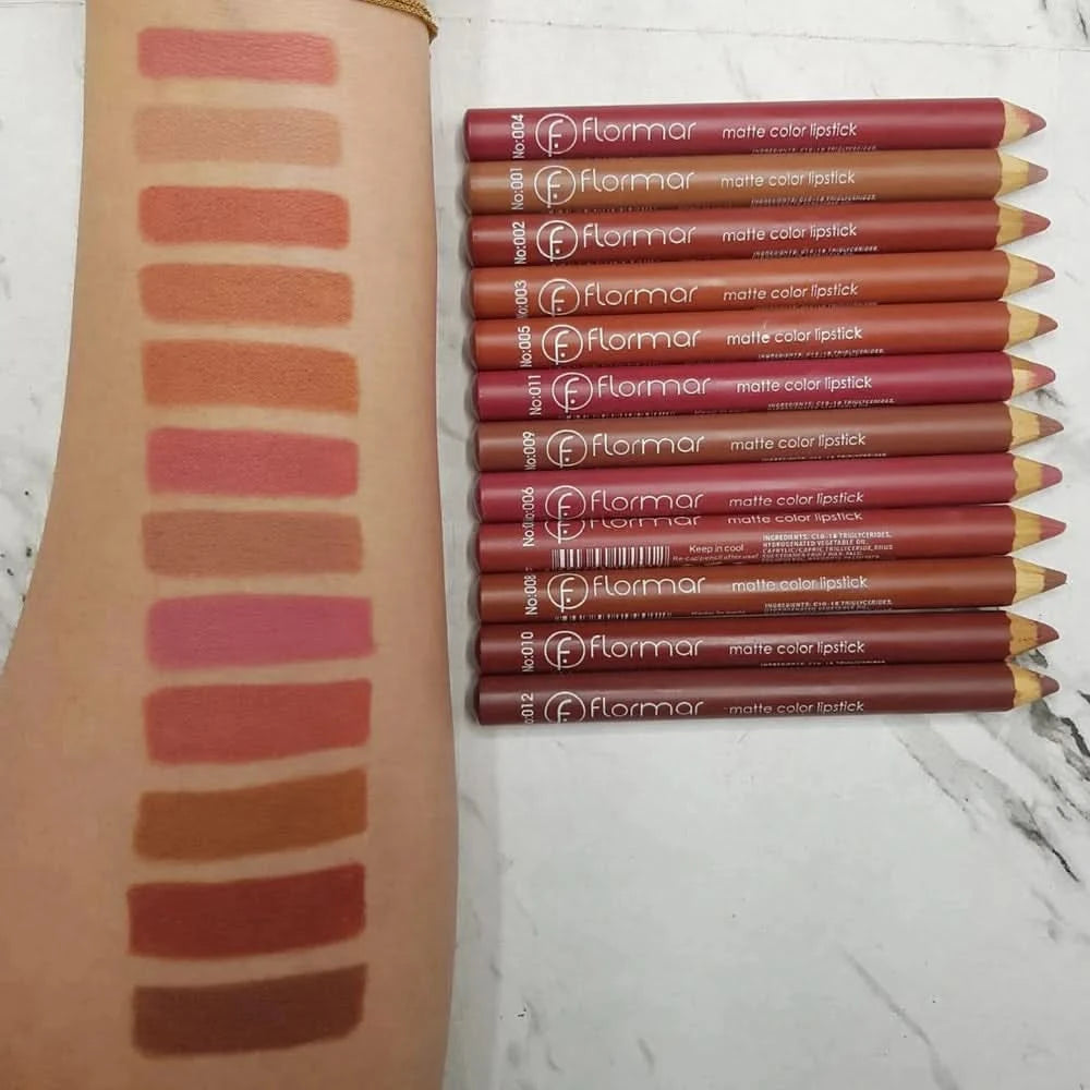 FLORMAR MATTE LIPSTICK PENCIL RECOMMENDED BY TOP BEAUTY INFLUENCERS (Pack of 12Pcs)
